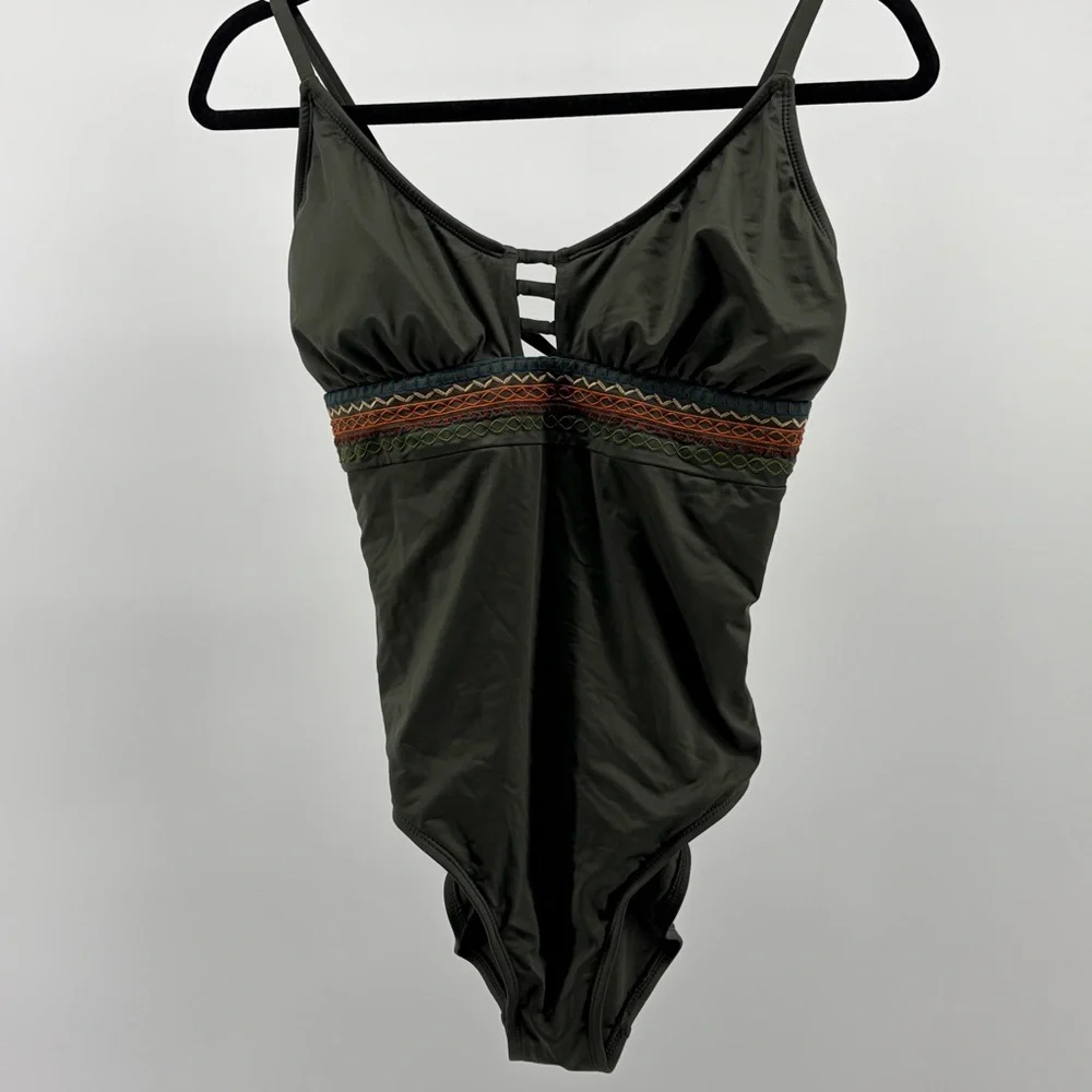 Sonnet Shores One Piece Swimsuit Olive Green Women Size 12 Bohemian Stripe Band